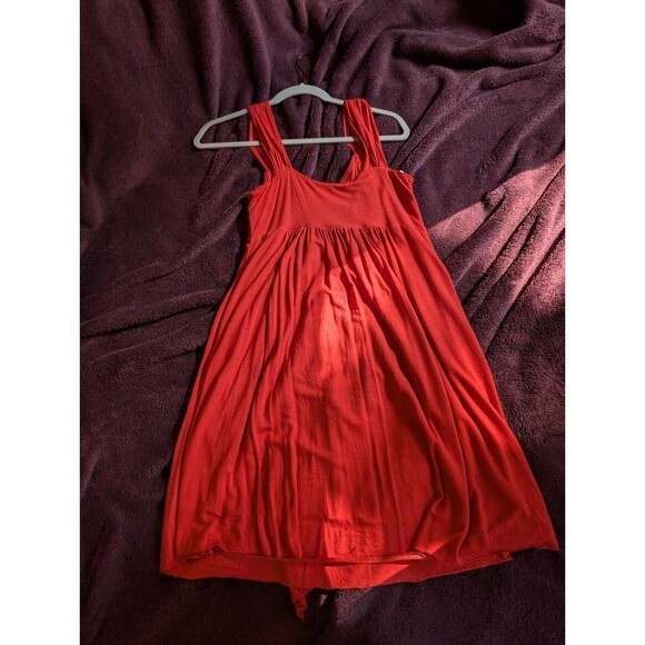 KISCHE Women's Mini Dress Stretch Ruched Empire Waist Sz M Solid Red Orange - Picture 5 of 7